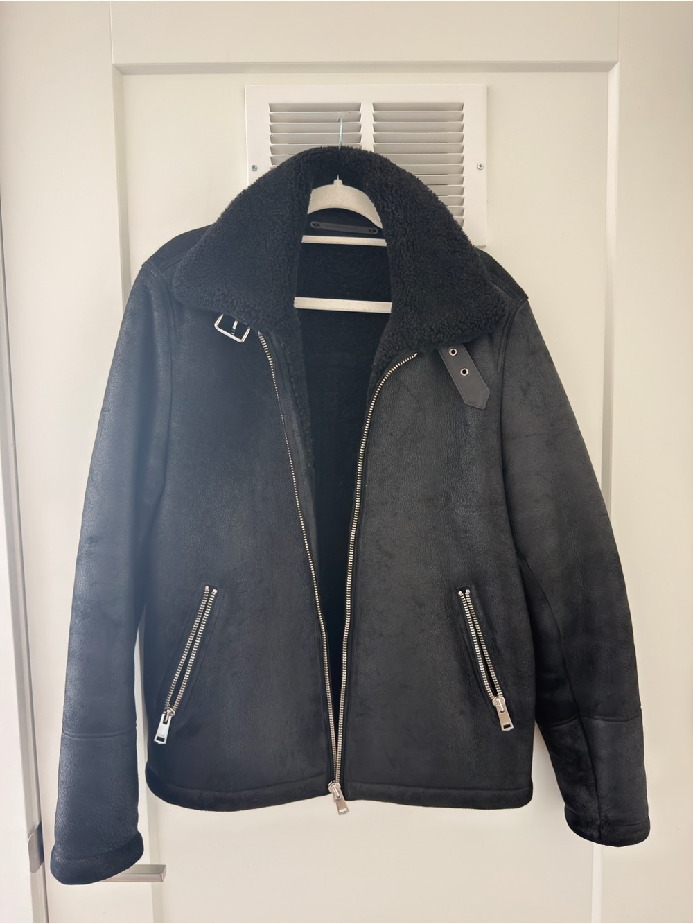 Never Worn-Men's Black Shearling-Lined Biker Jacket - Reiss